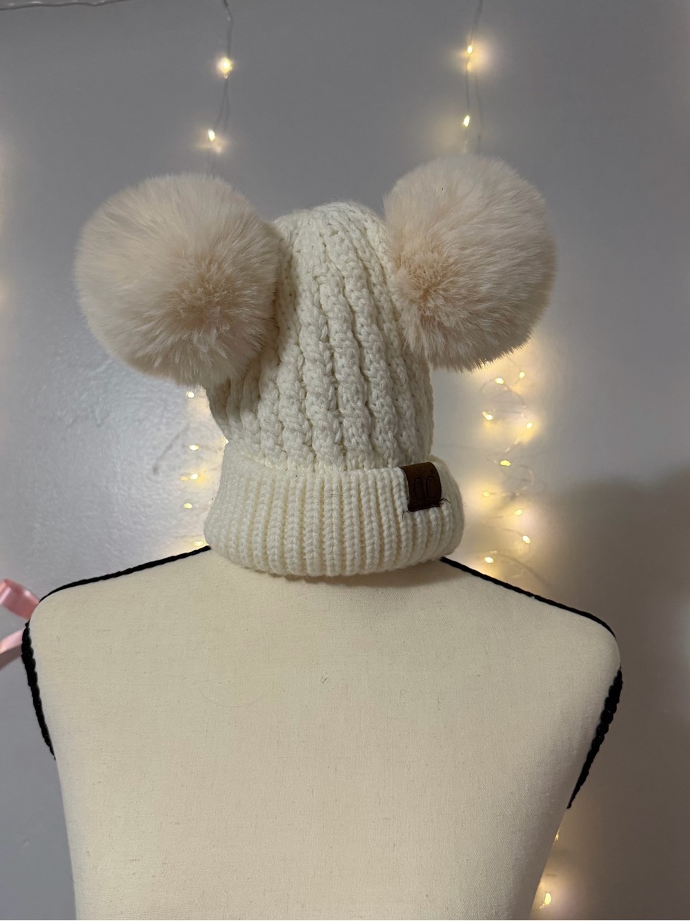 Cream Double Pom Pom Cable Knit Beanie